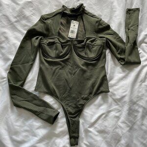NWT Reebok x Cardi B Thong Bodysuit Ribbed Long Sleeve Olive Green Womens M